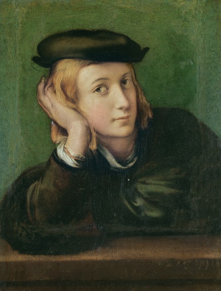Parmigianino, Portrait of a Young Man (formerly thought to be a self-portrait of Raphael), c.1528-30 (oil on panel) (Portrait, junger Mann, Manierismus, Bildnis, Italiener, Wunschgröße, Wohnzimmer, Malerei, bunt)