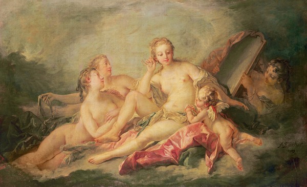 Francois Boucher, The Toilet of Venus, 1749 (oil on canvas) (Venus, Göttin, idealisiert, nackt, Erotik, Toilette, idealisiert, Rokoko, Skizze, Zeichnung, Klassiker, Wunschgröße, Wohnzimmer, Schlafzimmer, bunt)