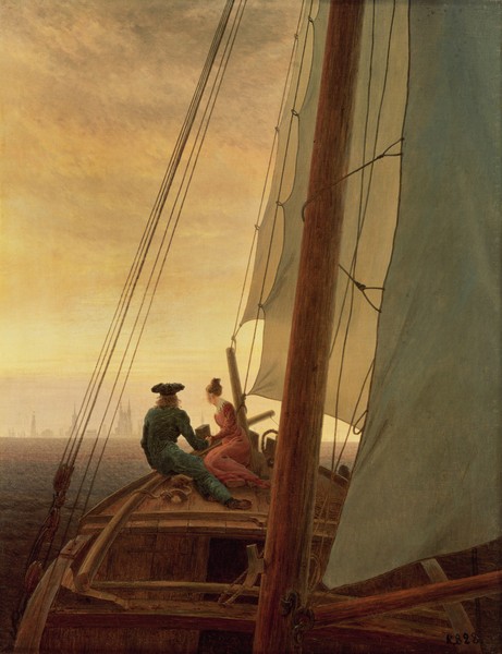 Caspar David Friedrich, On Board a Sailing Ship, 1819 (oil on canvas) (Boot, Segelboot, Meer, Segel, Meerebrise, Paar, Wolkenhimmel, Sonnenuntergang, romantisch, Romantik, Malerei, Klassiker, Wohnzimmer, Wunschgröße, bunt)