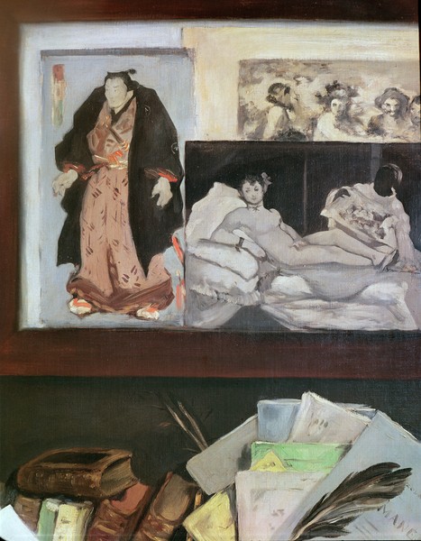 Edouard Manet, Portrait of Emile Zola (1840 - 1902) (detail of the upper right hand wall depicting Japanese prints, 'Olympia' and Velasquez's 'Bacchus'), 1868 (oil on canvas)