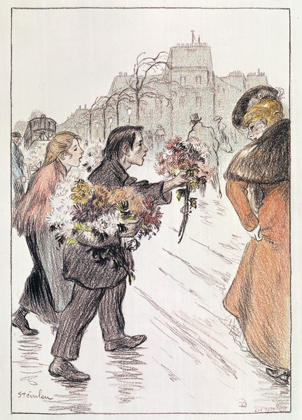 Théophile-Alexandre Steinlen, Florists walking around the outer Boulevards (pencil and crayon on paper) (Art Nouveau, Jugendstil, Frauen, Blumenverkäufer, Straßenszene, Stadt, Wohnzimmer, Treppenhaus, Wunschgröße, bunt)