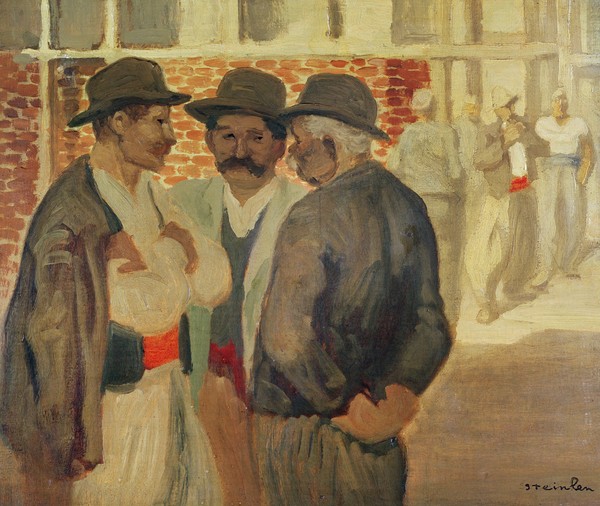 Théophile-Alexandre Steinlen, Construction Workers, (Art Nouveau, Jugendstil,  Arbeiter, Bauarbeiter, Gruppe Männer, Menschen, Wohnzimmer, Treppenhaus, Wunschgröße, bunt)