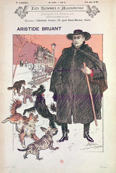 Théophile-Alexandre Steinlen, Caricature of Aristide Bruant in ""Les Hommes d'Aujourd'hui"" (lithograph)"" (Art Nouveau, Jugendstil, Persönlichkeiten, Künstler, Kabarettsänger, Schriftsteller, Komödiant, Straßenszene, Hunde, bellen, Wohnzimmer, Treppenhaus, Wunschgröße, bunt)