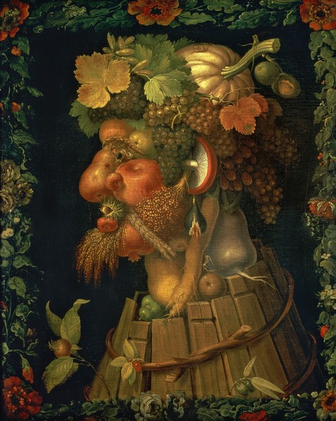 Giuseppe Arcimboldo, Autumn, from a series depicting the four seasons, commissioned by Emperor Maximilian II (1527-76) 1573 (oil on canvas) (Wunschgröße, Gesicht, Portrait, Wein, Kürbis, Gemüse, Ähren, Ernte,  floral,Jahreszeit, Personifizierung, bizarr, Manierismus, Allegorie, Figurativ, Klassiker, Wohnzimmer, Esszimmer, bunt)