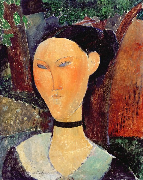 Amedeo Modigliani, Woman with a Velvet Neckband, c.1915 (oil on canvas) (Portrait, Gesicht, Frau, Samtband, Halsband, Choker, Expressionismus, klassische Moderne, Malerei, Wohnzimmer, Treppenhaus, Wunschgröße, bunt)