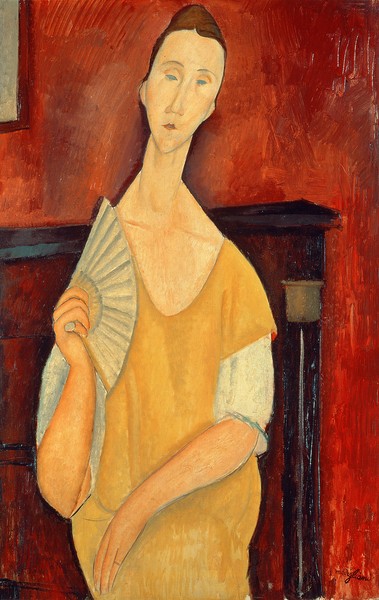 Amedeo Modigliani, Woman with a Fan (Lunia Czechowska) 1919 (oil on canvas) (Portrait, Sitzende Frau, gelbes Kleid, Fächer, Frau,  Expressionismus, klassische Moderne, Malerei, Wohnzimmer, Treppenhaus, Wunschgröße, bunt)