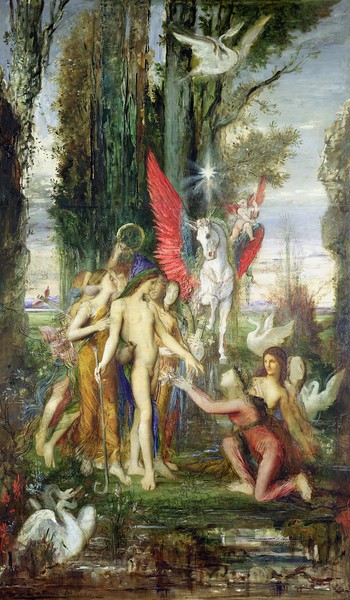 Gustave Moreau, Hesiod (c.700 BC) and the Muses (oil on canvas) (hesiod, griechischer Dichter, Musen, Inspiration, Pegasus, Schwäne, Mythologie, griechische, Symbolismus, Wohnzimmer, Wunschgröße, Klassiker, bunt)