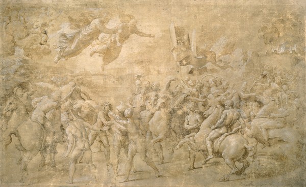 Raphael, Apparition of St. Peter and St. Paul (red chalk on paper) (Erscheinung, Heilige, Petrus und Paulus, Studie, Rötelzeichnung, Renaissance, Malerei,  Wunschgröße, Wohnzimmer, beige/rot)