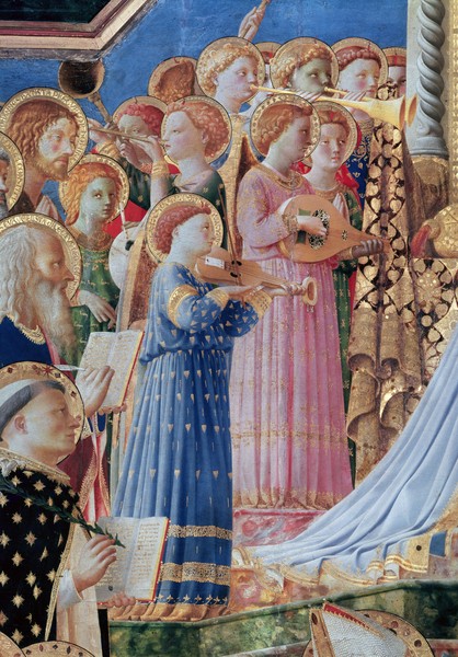 Fra Angelico, The Coronation of the virgin, detail of musical angels from the left hand side, c.1430-32 (oil on panel) (detail of 60319) (Engel, Heilige, musizierende Engel, Krönung Marien, Altarbild, Wunschgröße,  Wohnzimmer, religiös, christlich, Frührenaissance, Wunschgröße, bunt)