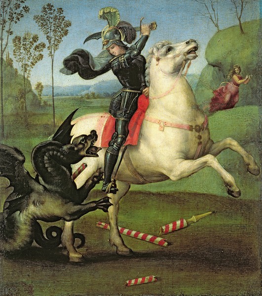 Raphael, St. George Struggling with the Dragon, c.1503-05 (oil on panel) (see also 95727) (Heiliger Georg, Drachentöter, Drachen, Jungfrau, Rettung, Sieg, Renaissance, Malerei, Klassiker, Wunschgröße, Wohnzimmer, bunt)