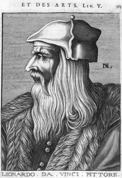 French School, Portrait of Leonardo da Vinci (1452-1519) (engraving) (b/w photo) (Portrait, Profil, Genie, Universalgenie, Italiener, Bart, markant, Persönlichkeiten, Grafik, Wunschgröße, Treppenhaus, Wohnzimmer, schwarz/weiß)
