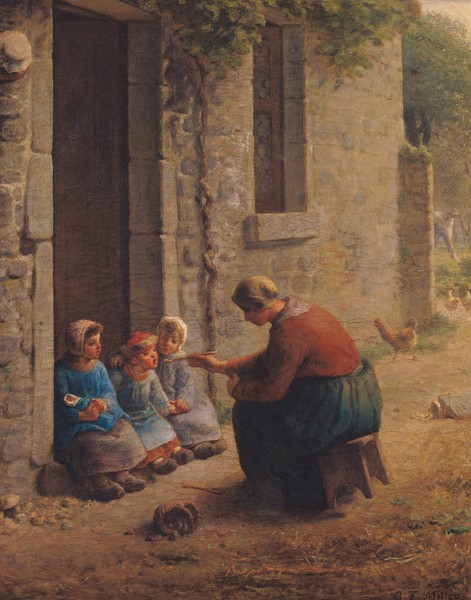 Jean-Francois Millet, Feeding the Young, 1850 (oil on canvas) (Bauerngenre, Magd, Kinder, rustikal, bäuerlich, Füttern, speisen, Realismus, Malerei, Wohnzimmer, Esszimmer, Klassiker, Wunschgröße, bunt)