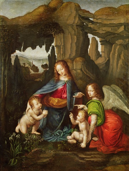 Leonardo da Vinci, Madonna of the Rocks (oil on panel) (Wunschgröße, Klassiker, Renaissance, Malerei, Jungfrau in der Felsengrotte, Heilige,  Maria, Erzengel, Uriel, Kinder, Jesus, Religiös, Landschaft, Felsen, Felsengrotte, Detail, Schlafzimmer, Wohnzimmer, bunt)