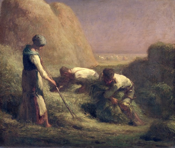 Jean-Francois Millet, The Hay Trussers, 1850-51 (oil on canvas) (Landwirtschaft, Heu, Heubinder,  Heugabel, Landarbeiter,  Bauerngenre, Realismus, Malerei, Wohnzimmer, Klassiker, Wunschgröße, bunt)