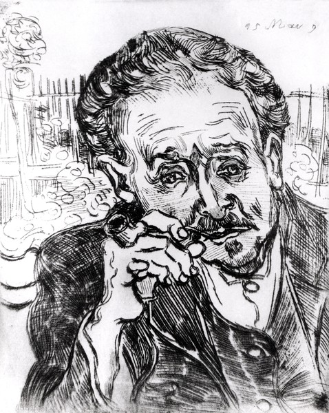 Vincent van Gogh, The Man with the Pipe, Portrait of Doctor Paul Gachet (1828-1909) 15th March 1890 (etching) (b/w photo)