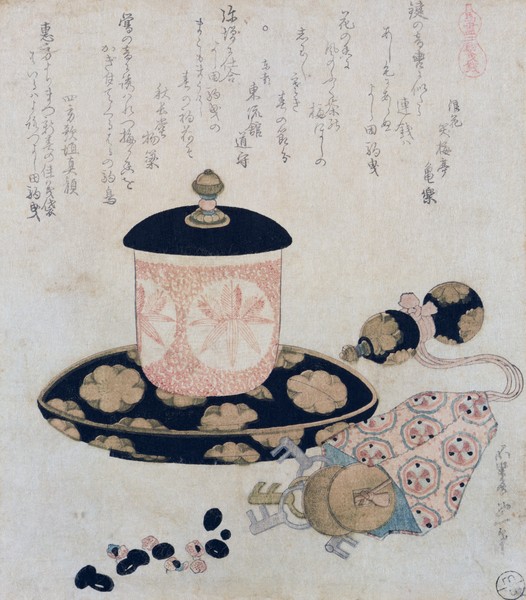 Katsushika Hokusai, A Pot of Tea and Keys, 1822 (colour woodblock print)
