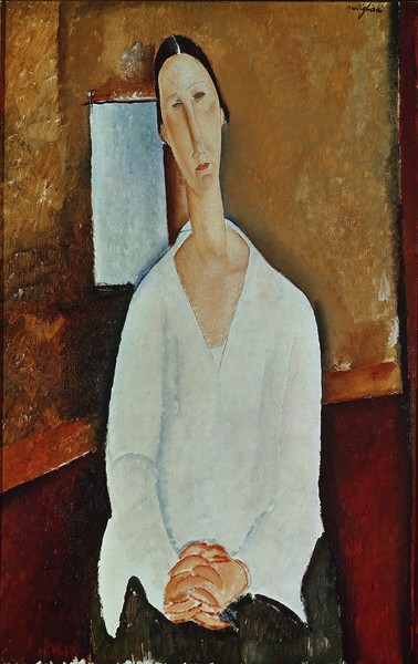 Amedeo Modigliani, Madame Zborowska with Clasped Hands, c.1917 (oil on canvas) (Portrait, Gesicht, Sitzende, Frau,  Expressionismus, klassische Moderne, Malerei, Wohnzimmer, Treppenhaus, Wunschgröße, bunt)
