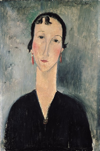 Amedeo Modigliani, Woman with Earrings (oil on canvas) (Portrait, Gesicht, Bildnis, Ohrringe, Frau,  Expressionismus, klassische Moderne, Malerei, Wohnzimmer, Treppenhaus, Wunschgröße, bunt)