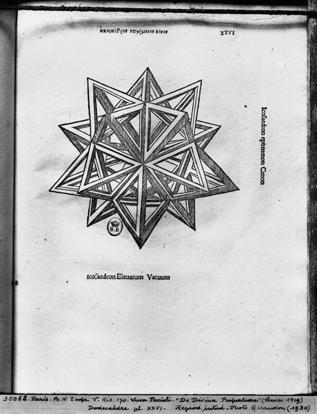 Leonardo da Vinci, Dodecahedron, from 'De Divina Proportione' by Luca Pacioli, published 1509, Venice (engraving) (b/w photo)