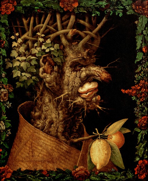 Giuseppe Arcimboldo, Winter, 1573 (oil on canvas) (Wunschgröße, Gesicht, Portrait,  floral, Winter, Geäst, Wurzeln, Baumstamm, Jahreszeit, Personifizierung, bizarr, Manierismus, Allegorie, Figurativ, Klassiker, Wohnzimmer, Esszimmer, bunt)