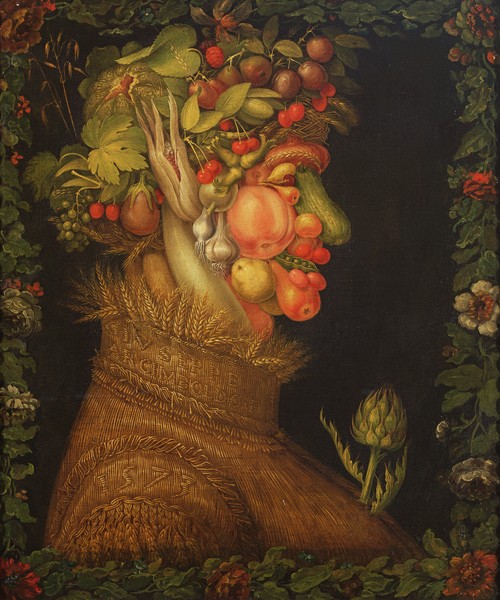 Giuseppe Arcimboldo, Summer, 1573 (oil on canvas) (Wunschgröße, Gesicht, Portrait, Früchte, Gemüse, Ähren, Jahreszeit, Personifizierung, bizarr, Manierismus, Allegorie, Figurativ, Klassiker, Wohnzimmer, Esszimmer, bunt)
