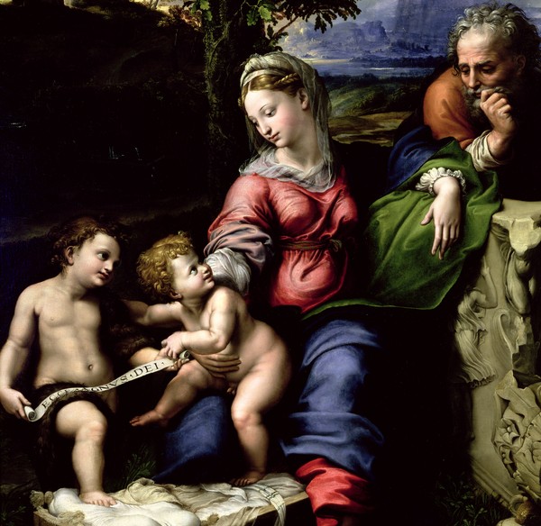 Raphael, The Holy Family of the Oak Tree, c.1518 (oil on panel) (detail of 56298) (Heilige Familie, Maria, Joseph, Jesus, Johannes, Ruinen, Religion, Renaissance, Malerei, Klassiker, Wunschgröße, Wohnzimmer, bunt)