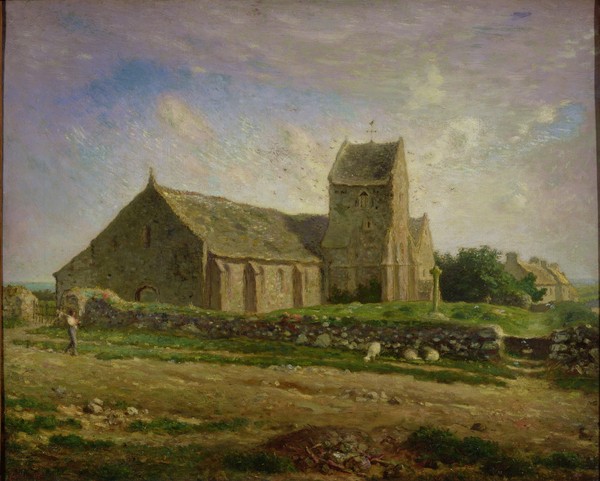 Jean-Francois Millet, The Church at Greville, c.1871-74 (oil on canvas) (Landschaft, alte Kirche, Gebäude, Idylle, Realismus, Malerei, Wohnzimmer, Klassiker, Wunschgröße, bunt)