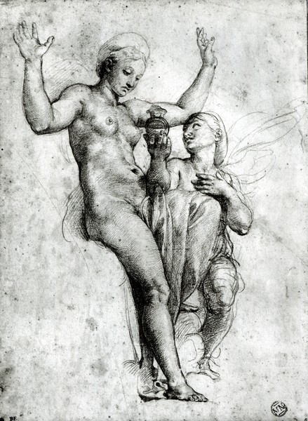 Raphael, Psyche presenting Venus with water from the Styx, 1517 (red chalk on paper) (b/w photo) (Mythologie, Venus, Psyche, Gift, Wasser, Zeichnung, Renaissance, Malerei, Klassiker, Wunschgröße, Wohnzimmer, schwarz/weiß)