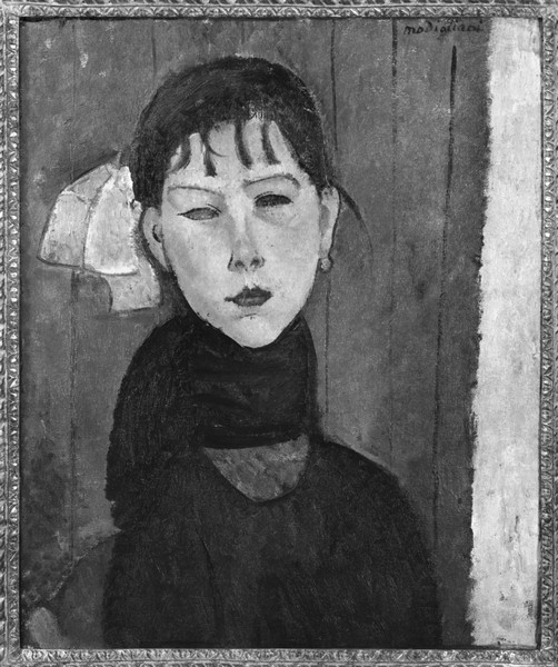 Amedeo Modigliani, Marie, young woman of the people (oil on canvas) (b/w photo) (Portrait, Gesicht, Frau, junge Frau, Schleife, Expressionismus, klassische Moderne, Malerei, Wohnzimmer, Treppenhaus, Wunschgröße, schwarz/weiß)