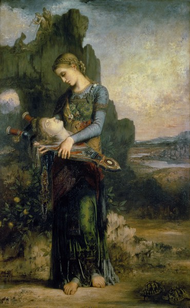 Gustave Moreau, Orpheus, 1865 (oil on canvas) (Orpheus, Kopf, abgeschlag, Lyra, Fluss, Hebros, Mänade, Mythologie, griechische, Symbolismus, Wohnzimmer, Wunschgröße, Klassiker, bunt)