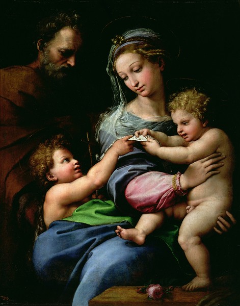 Raphael, The Virgin of the Rose, c.1518 (oil on canvas) (Heilige Familie, Maria, Joseph, Jesus, Johannes, Rose, Religion, Renaissance, Malerei, Klassiker, Wunschgröße, Wohnzimmer, bunt)