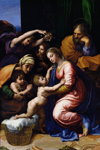 Raphael, Holy Family (known as the Grande Famille of Francois I), 1518 (oil on canvas) (Heilige Familie, Maria, Joseph, Jesus, Johannes, Elisabeth, Engel, Religion, christlich,Renaissance, Malerei, Klassiker, Wunschgröße, Wohnzimmer, bunt)