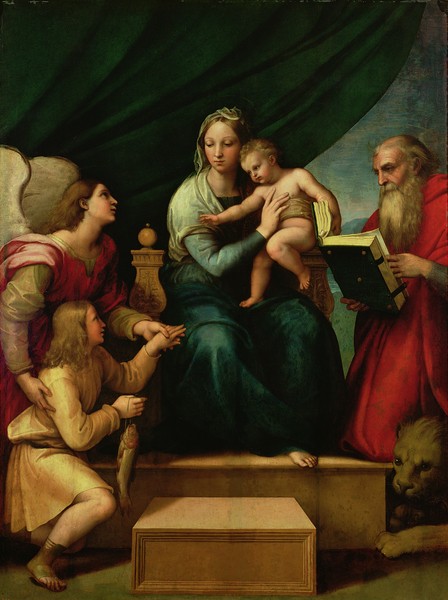 Raphael, The Madonna of the Fish (The Madonna with the Archangel Gabriel and St. Jerome) c.1513 (oil on canvas) (Madonna, Erzengel, Gabriel, Maria, Heiliger Hieronymus, Jesus, Fisch, Geschenk, Symbol, Religion, christlich, Renaissance, Malerei, Klassiker, Wunschgröße, Wohnzimmer, bunt)