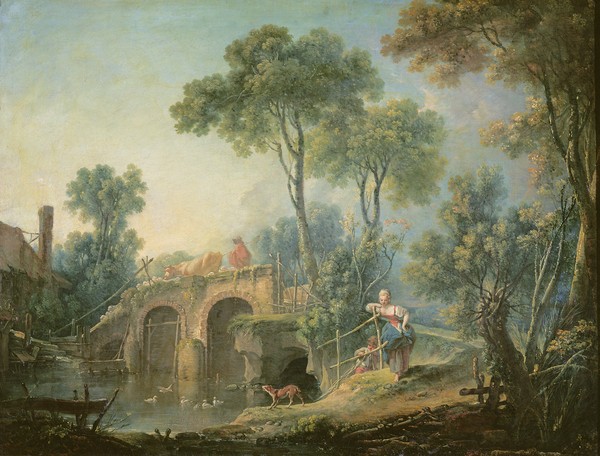 Francois Boucher, The Bridge, 1761 (oil on canvas) (Brücke, Ruine, ländlich, bäuerlich, Genre, idealisiert, Idylle,  Landschaft, Rokoko, Malerei, Klassiker, Wunschgröße, Wohnzimmer, Schlafzimmer, bunt)