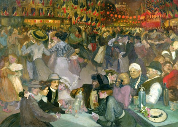 Théophile-Alexandre Steinlen, Ball on the 14th July (oil on canvas) (Art Nouveau, Jugendstil, Tanz, Tanzboden, Tanzlokal, Zuschauer, Spaß, Vergnügen, Feiertag, Abendszene, Wohnzimmer, Treppenhaus, Wunschgröße, bunt,)