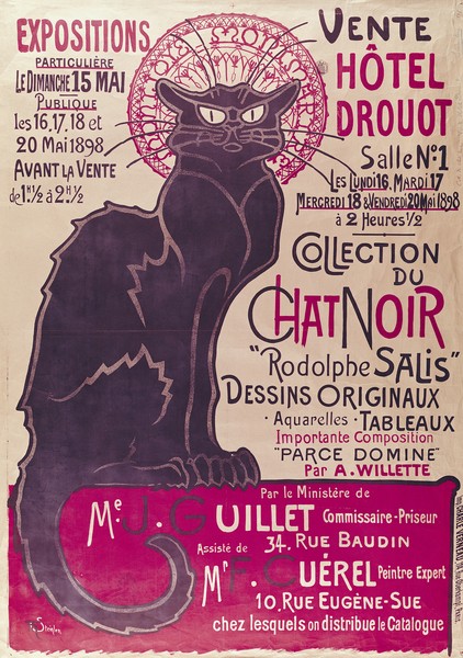 Théophile-Alexandre Steinlen, Poster advertising an exhibition of the 'Collection du Chat Noir' cabaret at the Hotel Drouot, Paris, May 1898 (colour litho) (Art Nouveau, Jugendstil, Katze, schwarze Katze, Paris, Montmatre, Kabarett, Plakatkunst, Malerei, Wohnzimmer, Treppenhaus, Wunschgröße, bunt)