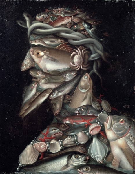 Giuseppe Arcimboldo, The Admiral (oil on panel) (Wunschgröße, Gesicht, Portrait,  Fischkopf, Meeresgetier, Muscheln, Fische, Korallen,  bizarr, Manierismus, Allegorie, Figurativ, Klassiker, Wohnzimmer, Esszimmer, bunt)
