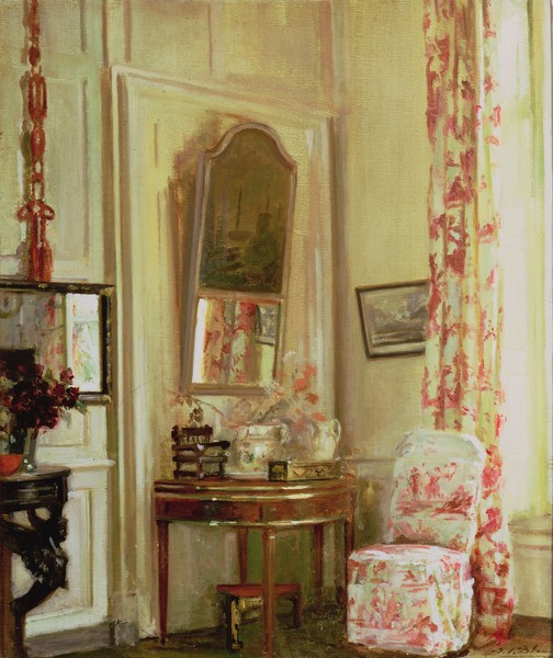 Jacques-Emile Blanche, The Pink Room (oil on canvas) (Zimmer, Innenraum, Interieur, Schminktisch, Spiegel, Sessel, Nobel, edel, Wunschgröße, Malerei, Schlafzimmer, bunt)