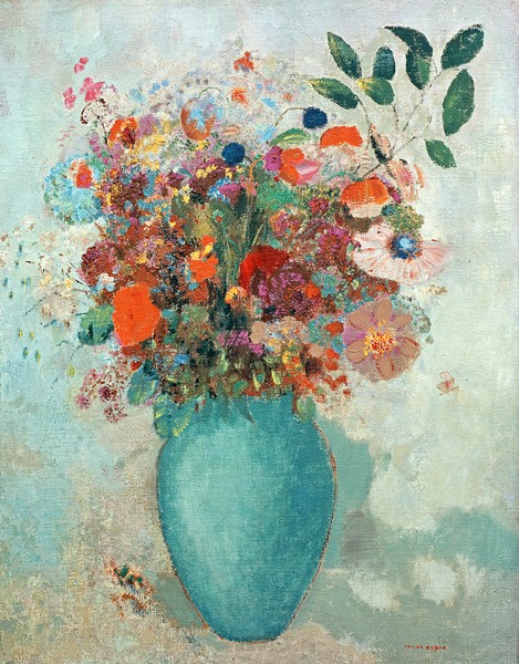 Odilon Redon, Flowers in a Turquoise Vase, c.1912 (oil on canvas) (Postimpressionismus, Stillleben, Blumenvase, Blüten, Blumen, Sommerblumen, floral, Klassiker, Malerei, Wohnzimmer, Esszimmer, Treppenhaus, Wunschgröße, bunt)