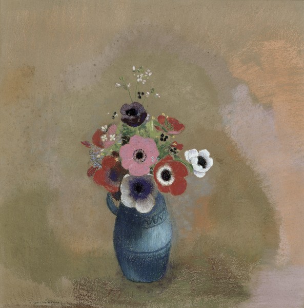 Odilon Redon, Bouquet of anemones (pastel) (Postimpressionismus, Stillleben, Blumenvase, Blüten, Blumen, Sommerblumen, floral, Klassiker, Malerei, Wohnzimmer, Esszimmer, Treppenhaus, Wunschgröße, bunt)