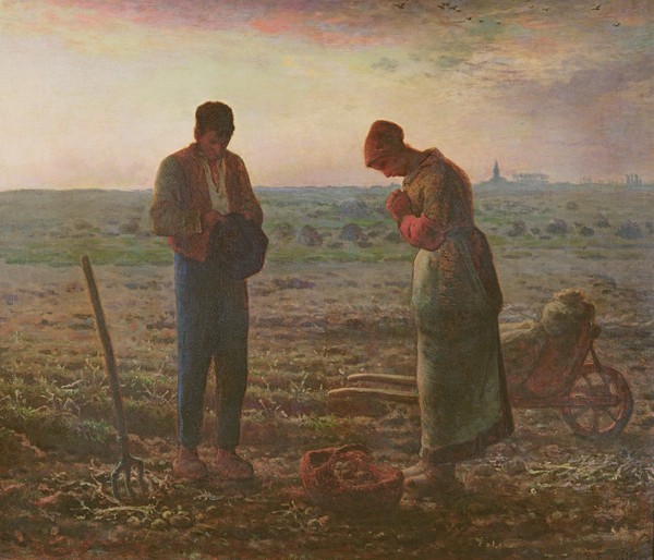 Jean-Francois Millet, The Angelus, 1857-59 (oil on canvas) (Feldarbeiter, Beten, Feierabend, Landwirtschaft, Schubkarre, Heugabel,  Bauerngenre, Realismus, Malerei, Wohnzimmer, Klassiker, Wunschgröße, bunt)