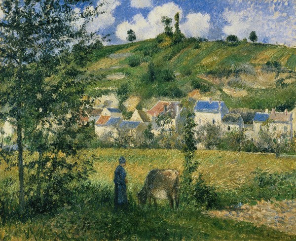 Camille Pissarro, Landscape at Chaponval, 1880 (oil on canvas) (Landschaftsmalerei, Landschaft, Idylle, Hügel, Dorf, Kuhhirtin, Frankreich, Impressionismus, Klassische Moderne, Wohnzimmer, Wunschgröße)