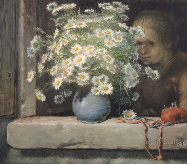 Jean-Francois Millet, The Bouquet of Margueritas, 1866 (pastel on paper) (Margeriten, Blumenstrauß, Stillleben, Fensternische, Frau, Nähzeug, Klassiker, Realismus, Malerei, Wunschgröße, Wohnzimmer, Esszimmer, bunt)