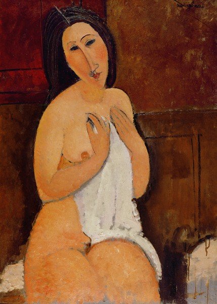 Amedeo Modigliani, Seated Nude with a Shirt, 1917 (oil on canvas) (Akt, Aktmalerei, sitzender Akt, Frau,  Expressionismus, klassische Moderne, Malerei, Schlafzimmer, Wohnzimmer, Wunschgröße, bunt)