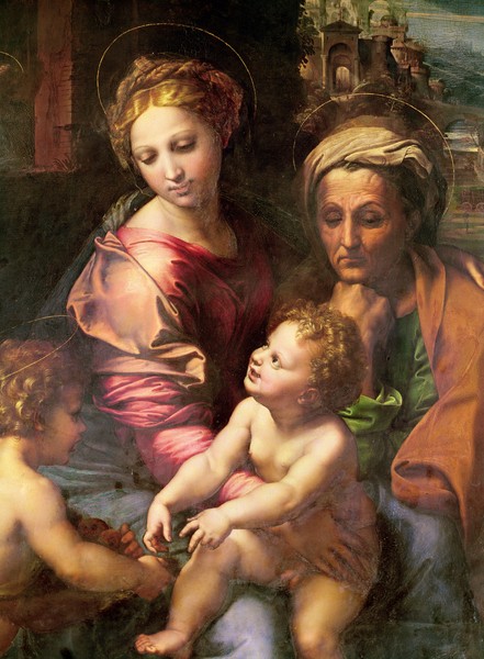 Raphael, The Holy Family (or The Pearl), detail: the Virgin, Saint Elizabeth and Child, c.1518 (oil on wood) (Heilige Familie, Maria, Joseph, Jesus, Johannes, Detail, Ruinen,  Religion, christlich, Renaissance, Malerei, Klassiker, Wunschgröße, Wohnzimmer, bunt)