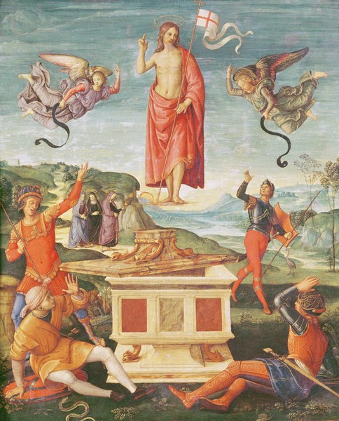 Raphael, The Resurrection of Christ, c.1502 (oil on panel) (Jesus christus, Auferstehung, Sarg, Engel, Römer, Wächter, Landschaft, Religion, christlich, Renaissance, Malerei, Klassiker, Wunschgröße, Wohnzimmer, bunt)