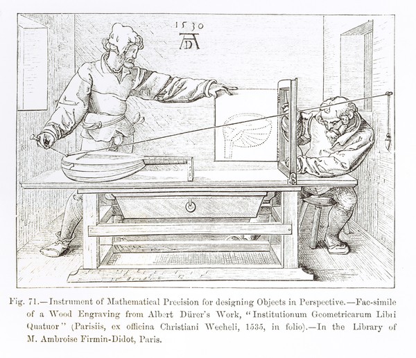 ALBRECHT Dürer, Instrument of Mathematical Precision for Designing Objects in Perspective, 1530 (engraving) (Atelier, Dürer, Künstler, Berechnung, Prezision, Laute,  Studie, Klassiker, Alte Meister, Grafik, Wohnzimmer, Treppenhaus, Renaissance, Wunschgröße, schwarz/weiß)