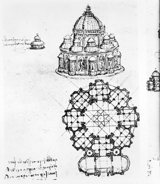 Leonardo da Vinci, Detail of a Centralised church, c.1488 (pen & ink and wash over black chalk)