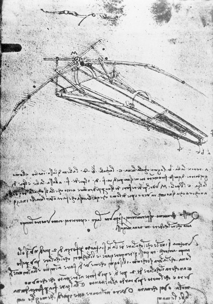 Leonardo da Vinci, MS B 2173, folio 74v: Study for a flying machine, 1487-1490 (pen & ink on paper)