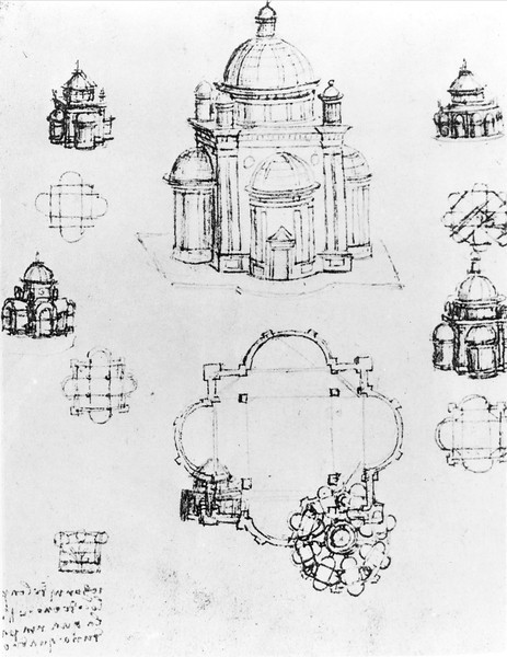 Leonardo da Vinci, Studies for a building of a centralised plan, detail of fol. 3v from Codex Ashburnham I and II (formerly part of Manuscript B (2184)), c.1492 (pen & ink on paper)
